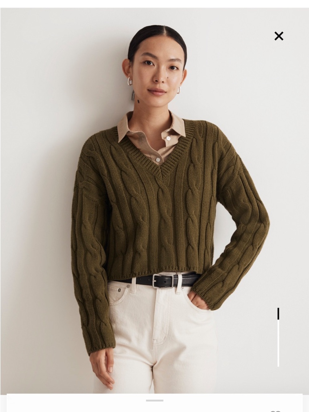 Madewell Cable Knit V-Neck Cropped Sweater